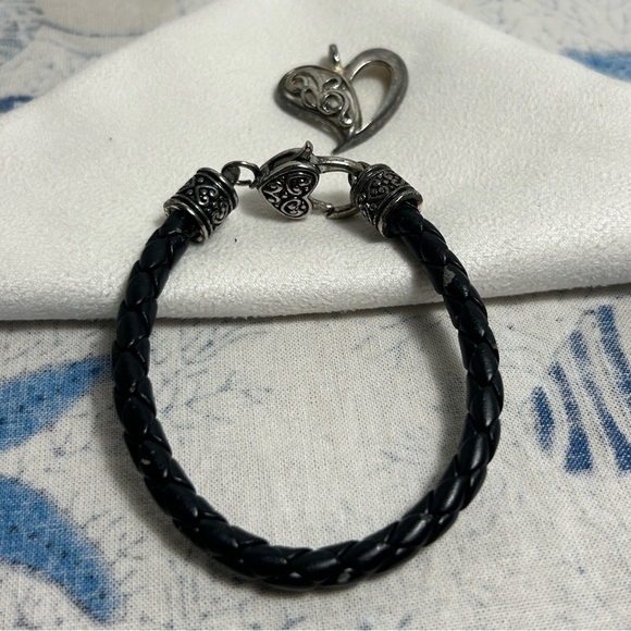Brighton Braided Black Leather Cord Bracelet Heart Charm Silver Plated Vintage - Picture 8 of 13